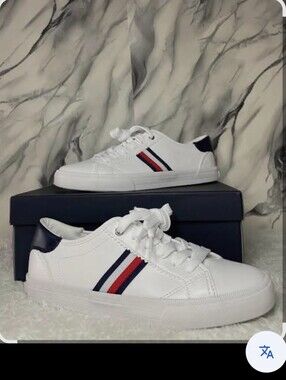 Tommy Hilfiger White Sneakers with Navy & Red Stripe Detail